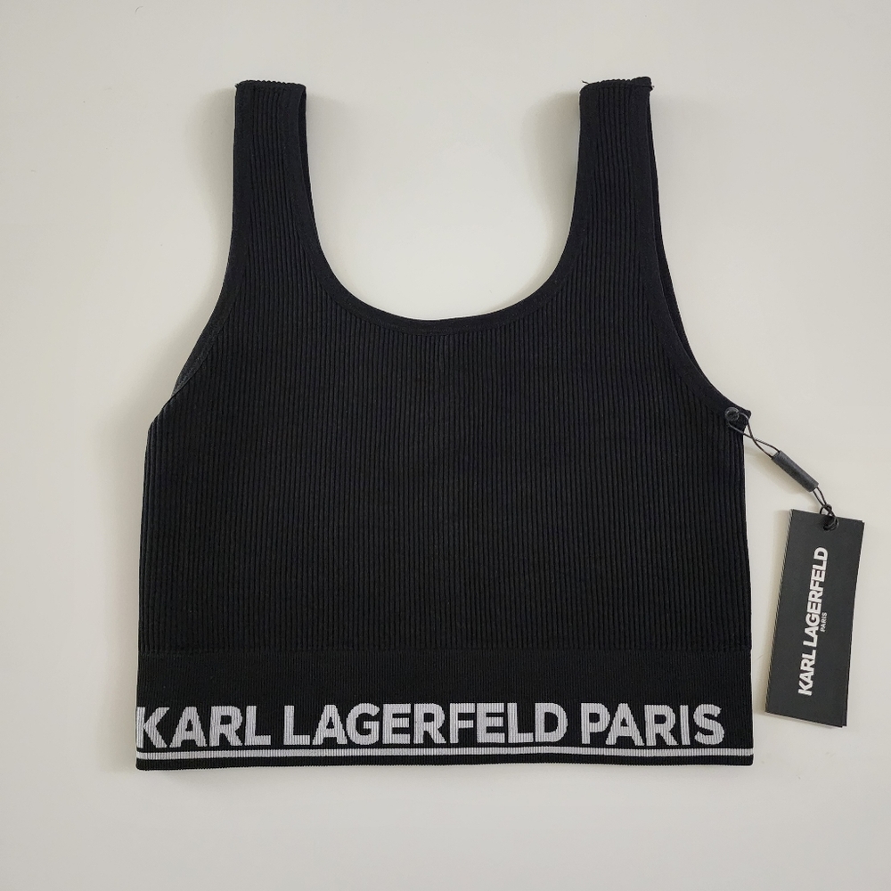 Karl Lagerfeld Black Tank Top with White Logo Band. Medium. Cropped. NWOT.
